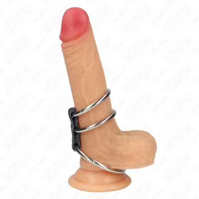 Anello per pene Kink – triplo in metallo e pelle, 3,7-5 cm