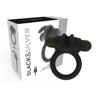 Black Silver Agron – Anello vibrante in silicone con coniglio