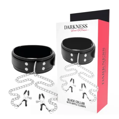 Collare con morsetti Darkness – Set bondage nero con catene